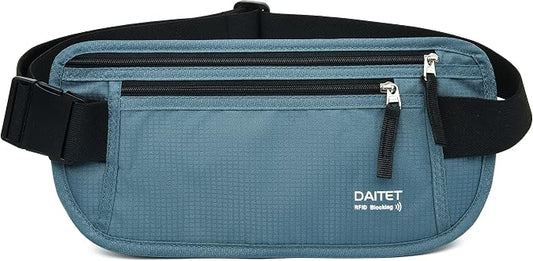 RFID Blocking Money Belt for Men Women, Slim Fanny Pack for Travel，Running,Conceal Waist Wallet for Passport Holder,Phone,Cash(Black Turquoise)