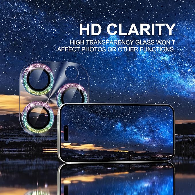 Choiche Compatible for iPhone 16 Pro/iPhone 16 Pro Max Camera Lens Protector, Bling Camera Cover with 9H Tempered Glass Lens Screen Protector Metal Ring Decoration Accessories (Clear-Colorful)