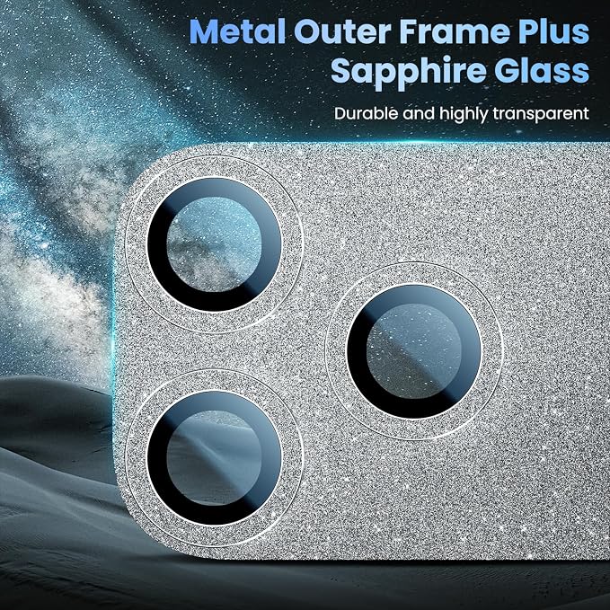 Uyiton for iPhone 17-Pro Camera-Lens Protector: Bling [Not Easy to Break][Strong Adsorption][Case-Friendly] Metal Tempered Glass Rear Camera Screen Cover - Glitter Silver