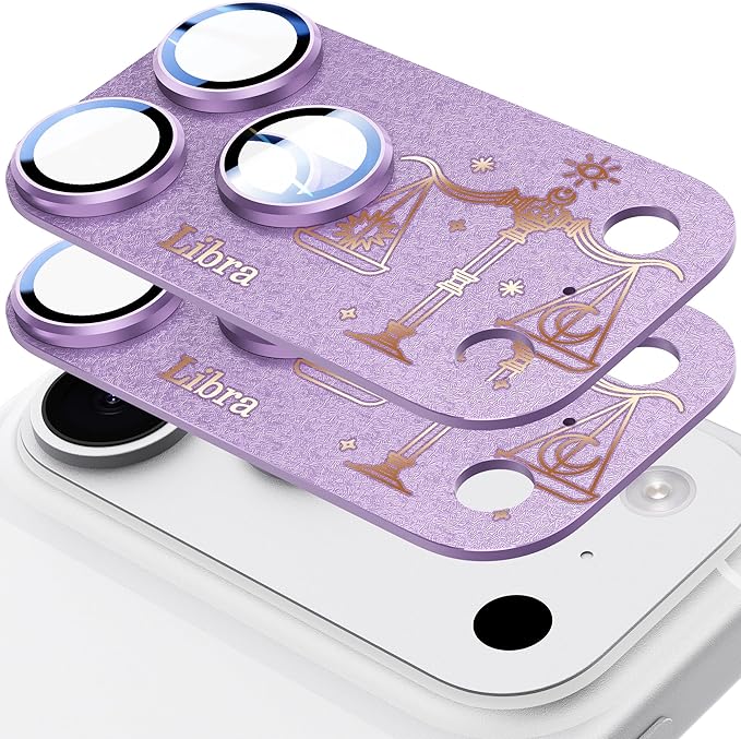 2 Pack Camera Lens Protector for iPhone 17 Pro,Libra Pattern, AR 360-Degree Protection,Drop Protection,Anti Scratch Full-Coverage,Camera Transmfttance HD,Easy Installation,Purple