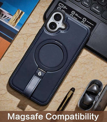 for iPhone 17 Leather Case with Stand, Anti-Slip Grip Ring, Fits for MagSafe (Blue, iPhone 17)
