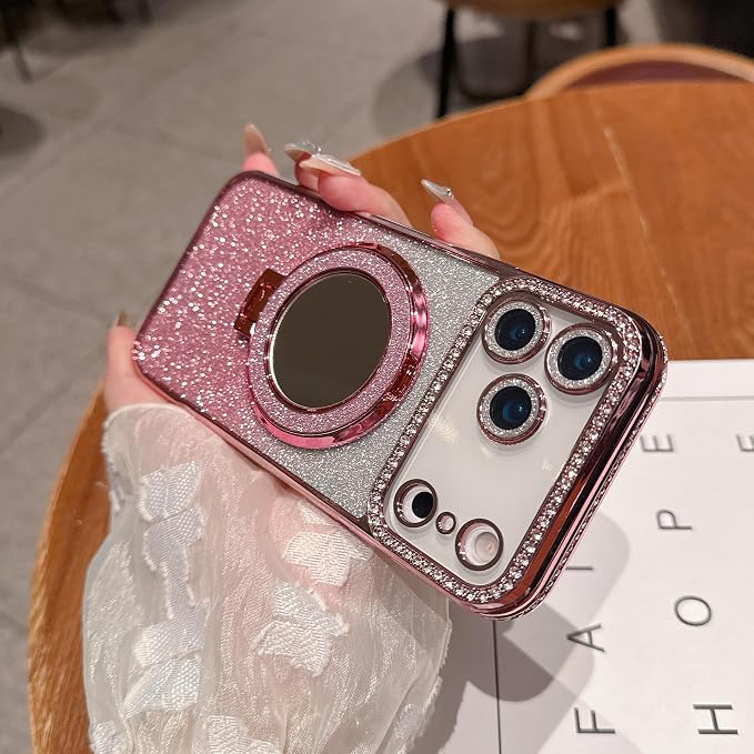 for iPhone 17 Pro Magnetic Kickstand Case, [Compatible with Magsafe] Shockproof Glitter Cute Bling Cover Makeup Mirror Ring Holder Camera Protector for Girls Woman for iPhone 17 Pro, Pink