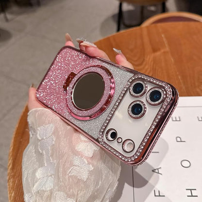 for iPhone 17 Pro Magnetic Kickstand Case, [Compatible with Magsafe] Shockproof Glitter Cute Bling Cover Makeup Mirror Ring Holder Camera Protector for Girls Woman for iPhone 17 Pro, Pink