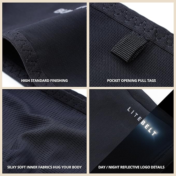 Build & Fitness LiteBelt Running Belt – 4 Quick Top-Access Pockets –Flip Waist Pack, Running Phone Holder – Fits All Size Phones, Keys, Cards, Earpods, GUs – for Men and Women (Black, M)