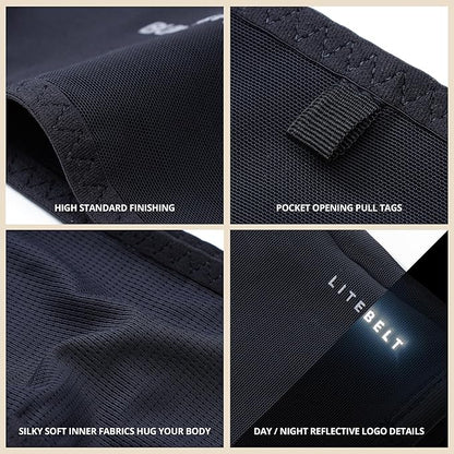 Build & Fitness LiteBelt Running Belt – 4 Quick Top-Access Pockets –Flip Waist Pack, Running Phone Holder – Fits All Size Phones, Keys, Cards, Earpods, GUs – for Men and Women (Black, M)