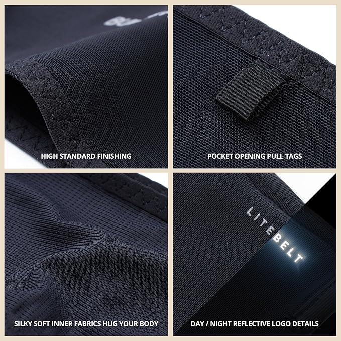 Build & Fitness LiteBelt Running Belt – 4 Quick Top-Access Pockets –Flip Waist Pack, Running Phone Holder – Fits All Size Phones, Keys, Cards, Earpods, GUs – for Men and Women (Black, XS)