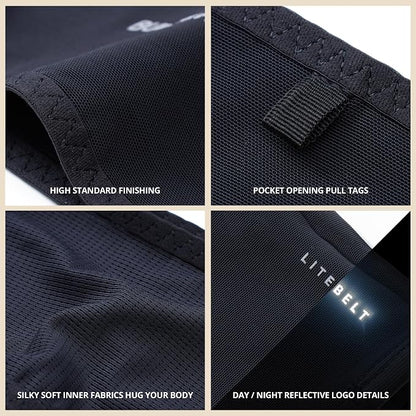 Build & Fitness LiteBelt Running Belt – 4 Quick Top-Access Pockets –Flip Waist Pack, Running Phone Holder – Fits All Size Phones, Keys, Cards, Earpods, GUs – for Men and Women (Black, XS)