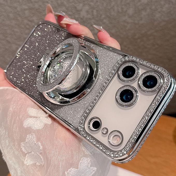 Glitter Kickstand Case for iPhone 17 Pro Max,Cute Bling Sparkly Diamond Rhinestone with Camera Lens Protector Liquid Flowing Ring Stand TPU Bumper Women Girl Case for iPhone 17 Pro Max,Silver