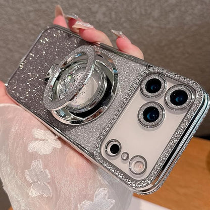 Glitter Kickstand Case for iPhone 17 Pro Max,Cute Bling Sparkly Diamond Rhinestone with Camera Lens Protector Liquid Flowing Ring Stand TPU Bumper Women Girl Case for iPhone 17 Pro Max,Silver