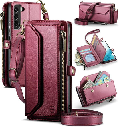 Strapurs Crossbody Wallet Case Compatible with Samsung Galaxy S22 5G RFID Blocking Card Holder Soft PU Leather Magnetic Snap Shoulder Strap Zipper Pocket Phone Case Fit for Galaxy S22 6.1" - Wine Red