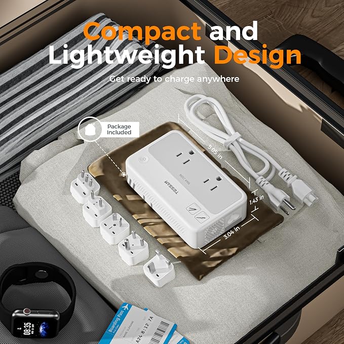 TESSAN 220V to 110V Voltage Converter | Universal Travel Power Adapter with Type C/G/D/I/L Plugs, 2 AC Outlets, 4 USB Ports (1 USB-C), 230W Max Step Down Transformer