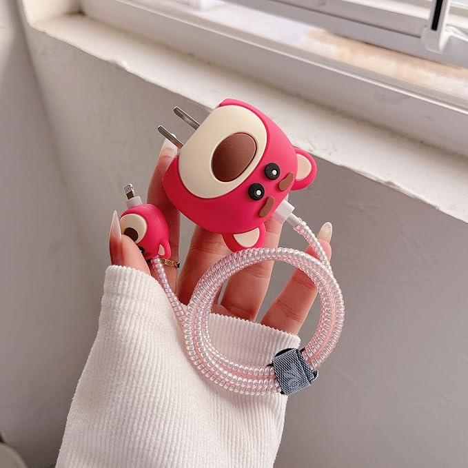 3D Cute Cartoon Charger Protector Case - Compatible for Apple 20W USB-C Power Adapter and Lightning Cable (Pink 02)