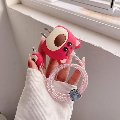 3D Cute Cartoon Charger Protector Case - Compatible for Apple 20W USB-C Power Adapter and Lightning Cable (Pink 02)