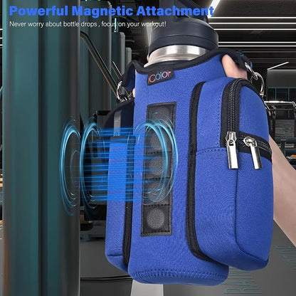 icolor Magnetic Gym Bag Water Bottle Carrier Holder with Phone Pockets & Shoulder Strap,Gym Magnetic Bag 5 Built-in Magnets Gym Accessories Organizer Sling Bottle Bag Pouch Sleeve