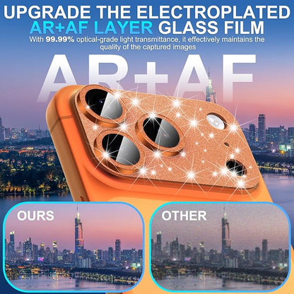 Suoman for iPhone 17 Pro Camera Lens Protector, [All-in-one] [Strong-Adhesion] Bling Glitter Independent Metal Frame Tempered Glass Camera Lens Cover -Orange