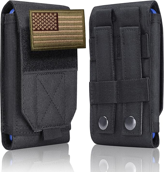 Black Tactical Molle Cellphone Pouch Case,Heavy Duty Waterproof Phone Holster Bag for iPhone 11 12 13 Pro Max for Samsung S22 S21 S20 FE Note 20 A02S Less 6.7" Phone with 2 Pack US Flag Patch