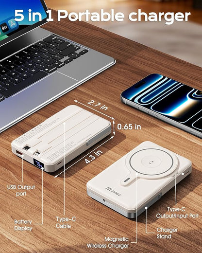 for Magsafe Portable Charger, 10000mAh Power Bank, Creamy White | PD 22.5W Fast Charging with USB-C Cable, Foldable Stand, Magnetic Wireless Charger for iPhone 17/16/15/14/13/12 Series