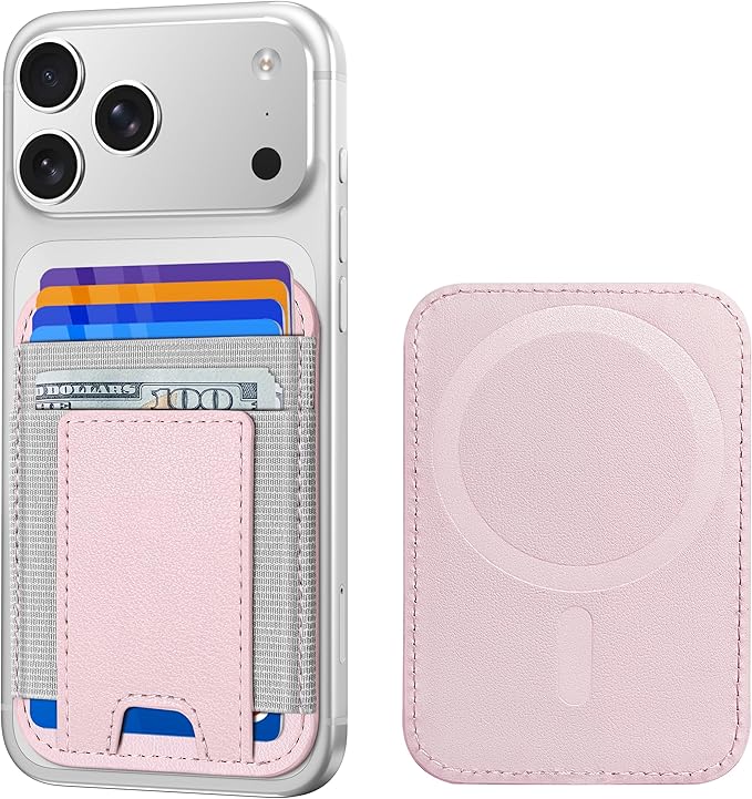 ExtreLife Upgraded for Magsafe Wallet, Stronger Magnetic Wallet for iPhone 17/16/15/14/13/12 Series, Magnetic Card Holder with 2 Card Slots, Slim, RFID Blocking, Vegan Leather, Fit 7 Cards, Pink