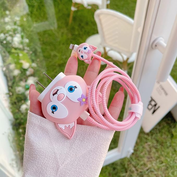 3D Cute Wall Charger Protector Case - Compatible for Apple 20W USB-C Power Adapter and Lightning Cable (Pink Lina)
