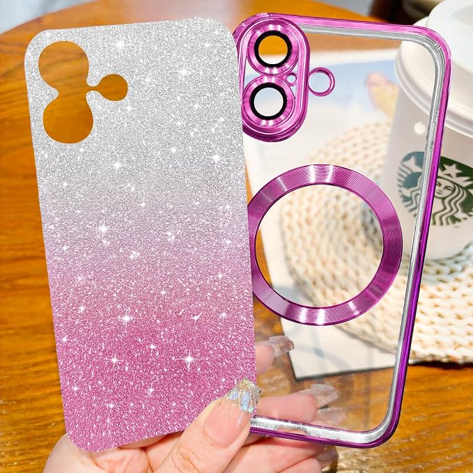 Hython for iPhone 17 Case Glitter Clear Magnetic Phone Cases [Compatible with MagSafe] Full Camera Lens Protector Sparkle Luxury Plating Slim Shockproof Protective Cover, Gradient Hot Pink