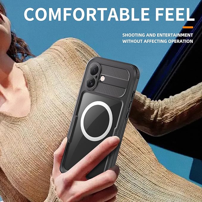 Omio Designed for iPhone 16 Waterproof Case Compatible with MagSafe, Magnetic Waterproof Full Body IP68 Underwater Case Built-in Screen Protector Military Grade Shockproof Case for Men Women Black
