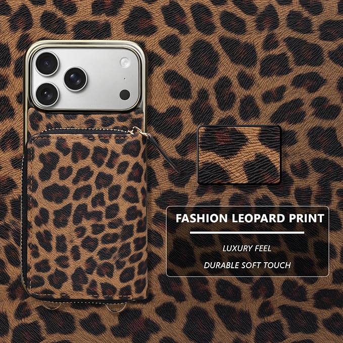 Keallce Wallet Case for iPhone 17 Pro Max 6.9", Crossbody Zipper Purse with Wristlet Strap, 4 Card Slots with RFID Blocking and Kickstand, Electroplated Leather Case for Women (Brown Leopard Print)