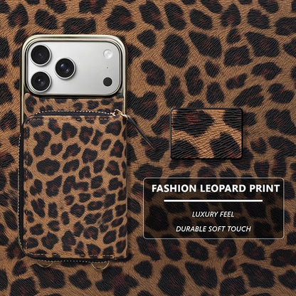 Keallce Wallet Case for iPhone 17 Pro Max 6.9", Crossbody Zipper Purse with Wristlet Strap, 4 Card Slots with RFID Blocking and Kickstand, Electroplated Leather Case for Women (Brown Leopard Print)