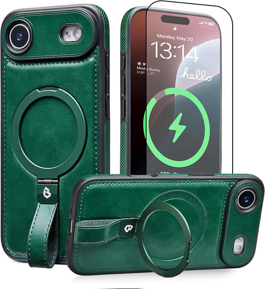 for iPhone Air Leather Case with Stand, Anti-Slip Grip Ring, Fits for MagSafe (Green,iPhone Air)