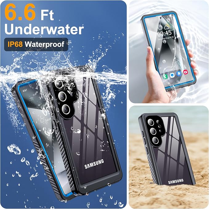 GOLDJU for Samsung Galaxy S25 Ultra Case Waterproof,IP68 Waterproof Dustproof Case with Built-in Screen Protector, Full Body Protective Phone Cover for Galaxy S25 Ultra 6.9 Inch, Blue/Clear