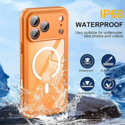 ANTSHARE for iPhone 17 Pro Max Case, Compatible with Magsafe, IP68 Waterproof Case, [Built-in Screen Protector] - 12 FT Military Dropproof - Full Body Heavy Duty Rugged Phone Cover - Orange/Clear