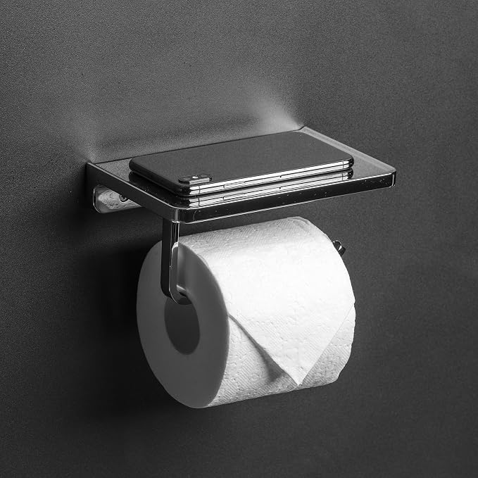Linkaa Toilet Paper Holder with Shelf Polished Chrome,Bathroom Accessories Wall Mount Phone Holder,Heavy Duty Zinc Alloy Tissue Paper Roll Holder Cell Phone Storage Shelf (Polished Chrome)