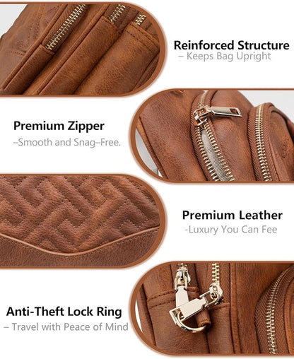Anti Theft Crossbody Bags for Women, RFID Vegan Leather Sling Purse for Travel, Chest Bag, Cross Body Purses & Fanny Packs(Brown) | Multi-Pocket, 8 RFID Card Slots, Structured bag, Quilted Design