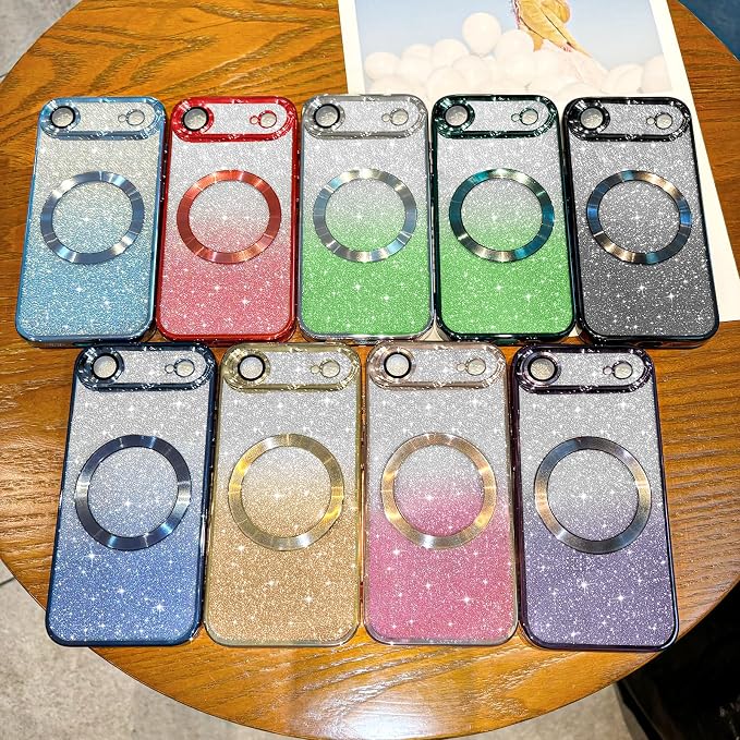 Hython for iPhone Air Case Glitter Clear Magnetic Phone Cases [Compatible with MagSafe] Full Camera Lens Protector Sparkle Luxury Plating Slim Shockproof Protective Cover Women, Gradient Red