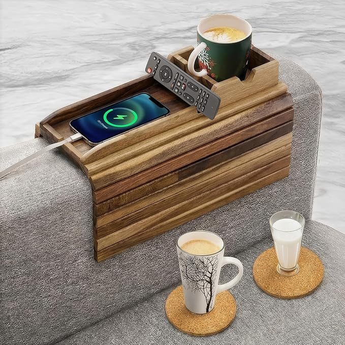 Couch Cup Holder Tray with 2 Cork Coasters, Caddy, Anti-Slip Foldable Armrest Sofa Tray, Anti-Spill Holder for Remote, Snacks, Cellphone - Ideal Gift (Acacia Wood)