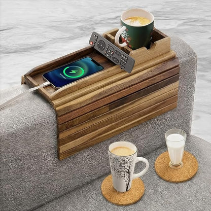 Couch Cup Holder Tray with 2 Cork Coasters, Caddy, Anti-Slip Foldable Armrest Sofa Tray, Anti-Spill Holder for Remote, Snacks, Cellphone - Ideal Gift (Acacia Wood)