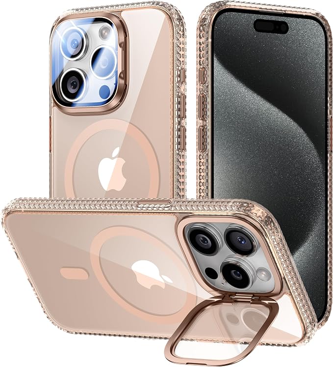 [Upgraded] for iPhone 15 Pro Max Case with Camera Cover Stand [Fit for MagSafe][9H Camera Lens Protector] Mil-Grade Protection Transparent Magnetic iPhone 15 Pro Max Phone Case, Clear Gold