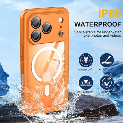 ANTSHARE for iPhone 17 Pro Case, Compatible with Magsafe, IP68 Waterproof Case, [Built-in Screen Protector] - 12 FT Military Dropproof - Full Body Heavy Duty Rugged Phone Cover - Orange/Clear