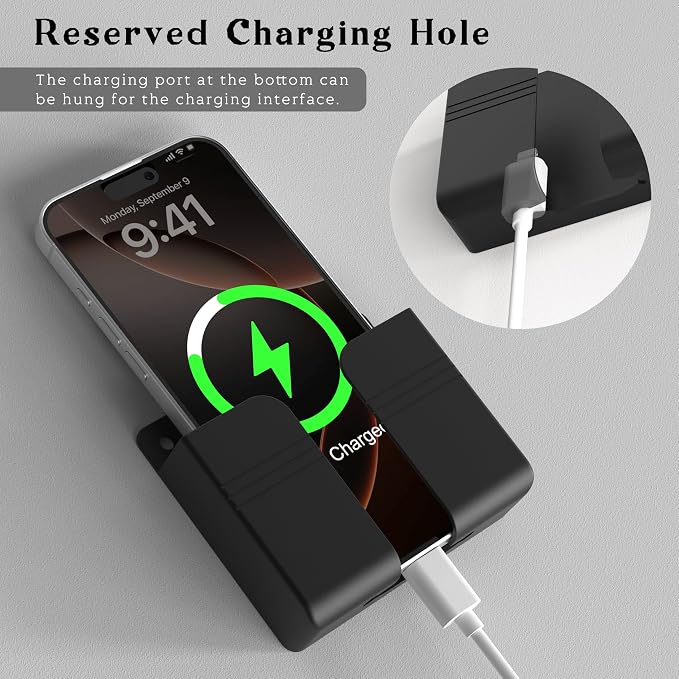 Wall Mounted Phone Holder with Adhesive, No-Drill Phone Stand for Charging, Built-in Cable Slot, Phone Holder for Bathroom, Bedroom, Kitchen, RV, Compatible with iPhone & Android, Black