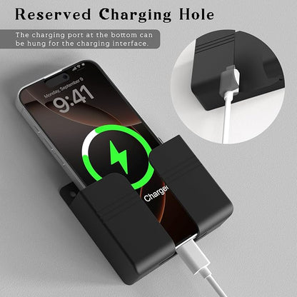 Wall Mounted Phone Holder with Adhesive, No-Drill Phone Stand for Charging, Built-in Cable Slot, Phone Holder for Bathroom, Bedroom, Kitchen, RV, Compatible with iPhone & Android, Black