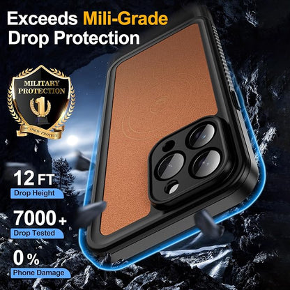 GOLDJU 2025 New Designed for iPhone 15 Pro Max Leather Case Waterproof, [Built-in Screen Protector, ][Compatible with MagSafe] Full Body Shockproof Protective Cover for iPhone 15 Pro Max 6.7''- Brown