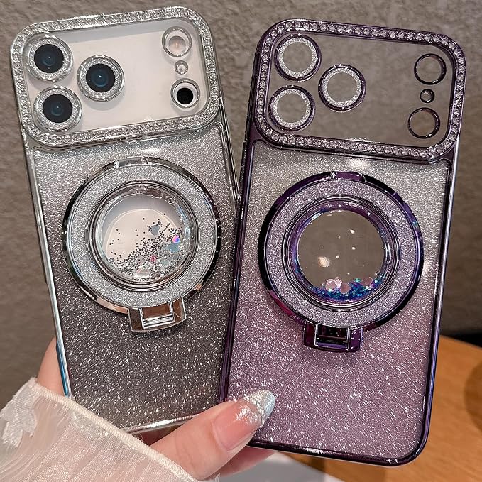 Glitter Kickstand Case for iPhone 17 Pro Max,Cute Bling Sparkly Diamond Rhinestones with Camera Lens Protector Liquid Flowing Ring Stand Soft TPU Women Girls Case for iPhone 17 Pro Max,Orange