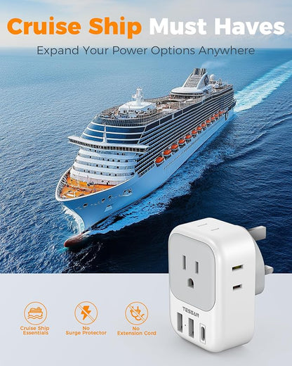 TESSAN UK Adapters for Travel, Type G Adaptor, 2 Pack | 4 Outlets 3 USB (1 USB C PD 20W), USA to Ireland Scotland Dubai Hong Kong England British Kenya London