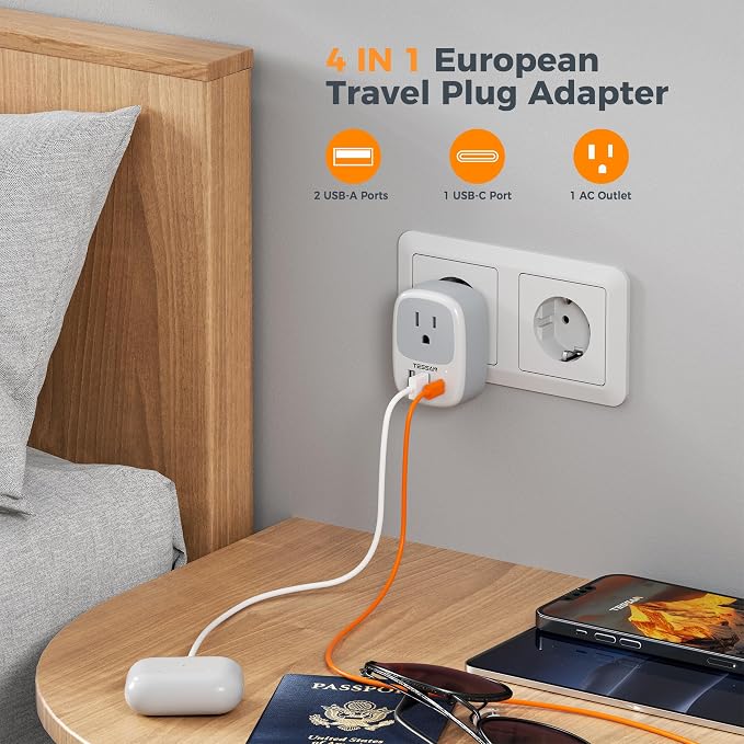 TESSAN 3 Pack US to European Travel Plug Adapter with 3 USB Ports (1 USB C)