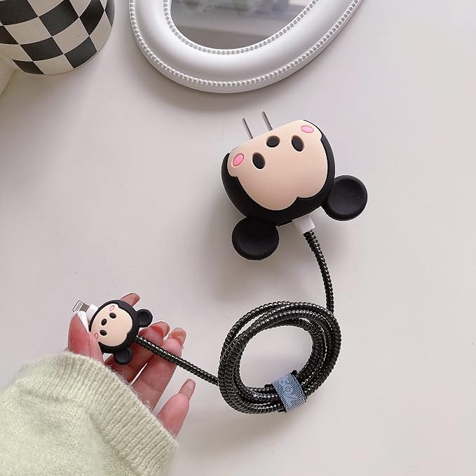 3D Cute Cartoon Charger Protector Case - Compatible for Apple 20W USB-C Power Adapter and Lightning Cable (Black MouseA)