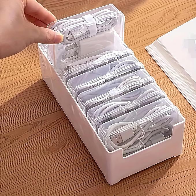 7 Grid Clear Cable Organizer Box with Switch for Desktop Cord Storage | Office desktop use, home wire sorting, stationery storage, detachable dividers, tidy cable arrangement
