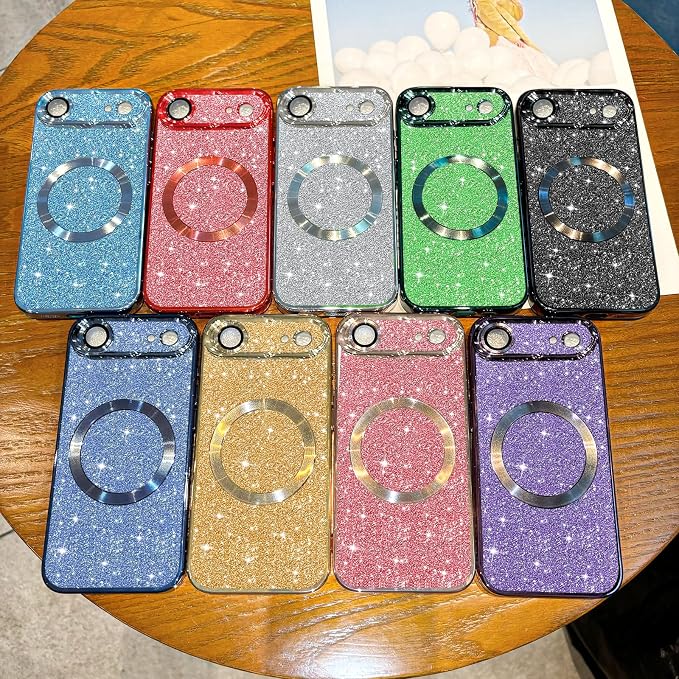 Hython for iPhone Air Case Glitter Clear Magnetic Phone Cases [Compatible with MagSafe] Full Camera Lens Protector Sparkle Luxury Plating Slim Shockproof Protective Cover Women, Black