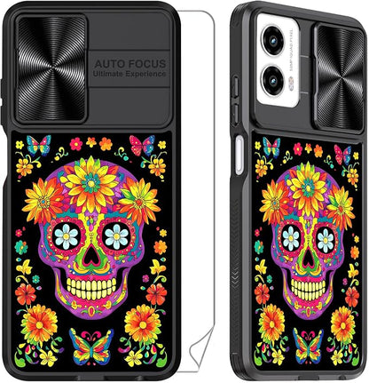 for Motorola Moto G 5G 2024 Case with A Vibrant Sugar Skull, Metal Slide Camera Cover, Screen Protector, Anti-Peeping Privacy Safeguard, Camera Lens Protector Phone Case for Moto G 5G 2024
