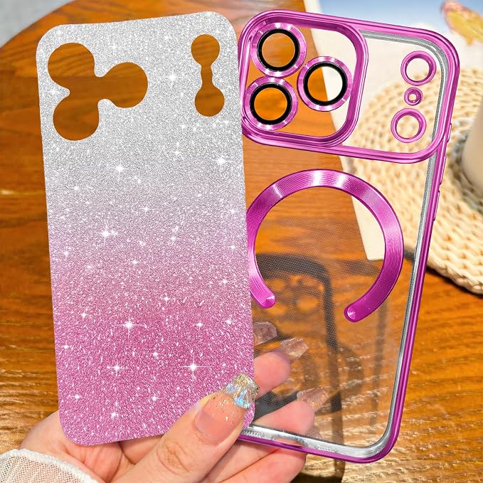 Hython for iPhone 17 Pro Max Case Glitter Clear Magnetic Phone Cases [Compatible with MagSafe] Full Camera Lens Protector Sparkle Luxury Plating Slim Shockproof Protective Cover, Gradient Hot Pink