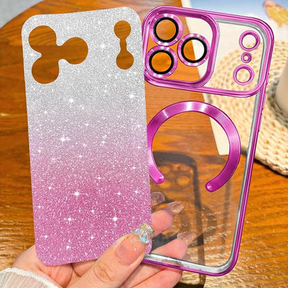 Hython for iPhone 17 Pro Case Glitter Clear Magnetic Phone Cases [Compatible with MagSafe] Full Camera Lens Protector Sparkle Luxury Plating Slim Shockproof Protective Cover, Gradient Hot Pink