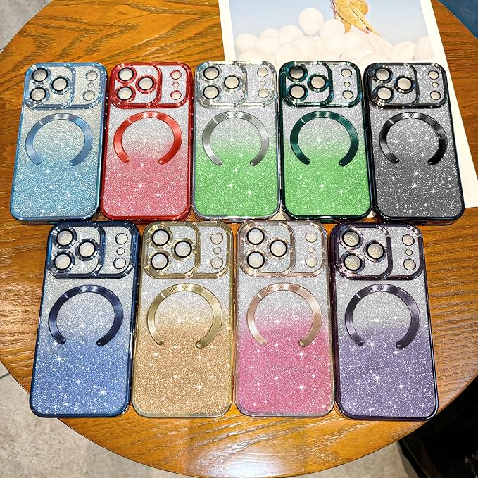 Hython for iPhone 17 Pro Max Case Glitter Clear Magnetic Phone Cases [Compatible with MagSafe] Full Camera Lens Protector Sparkle Luxury Plating Slim Shockproof Protective Cover Women, Gradient Green